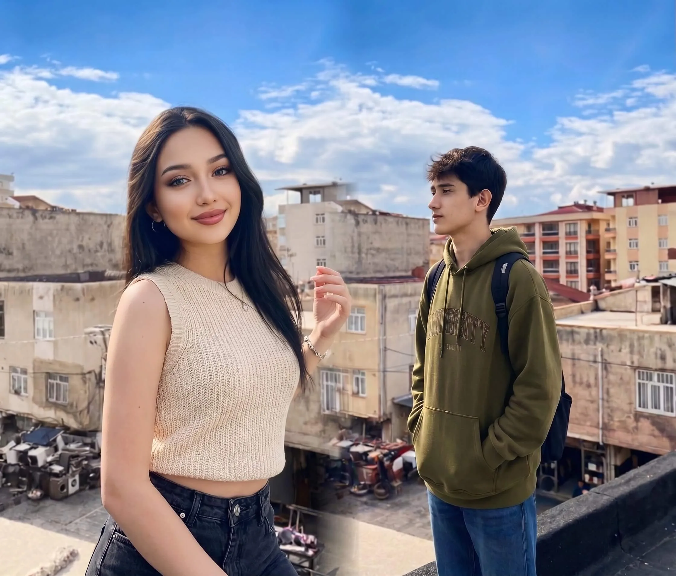 AI video example — a couple on a rooftop leaning in for a kiss