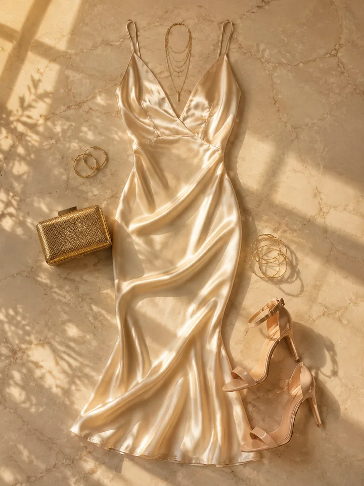 Champagne silk slip dress outfit example to virtually try on