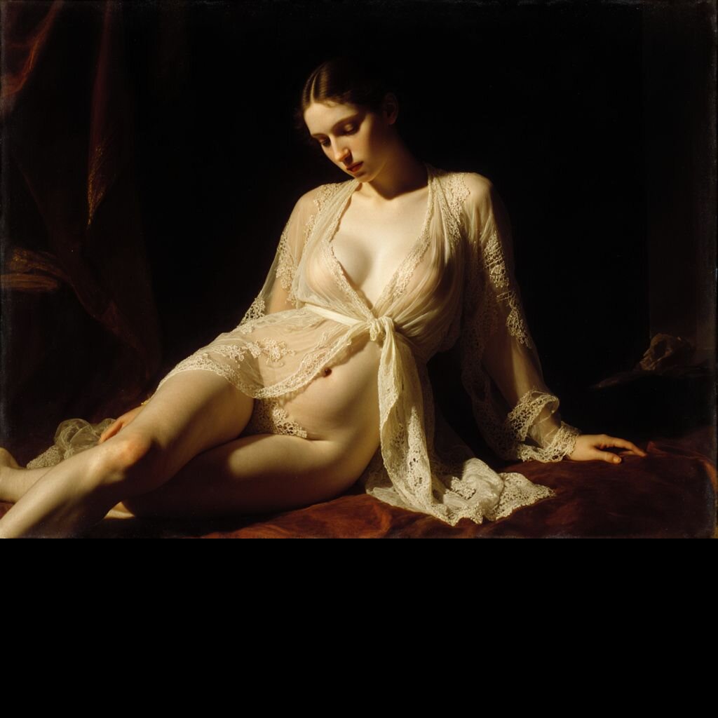 Sarah Craft's t-shirt design: Classical oil painting style, sheer robe, renaissa