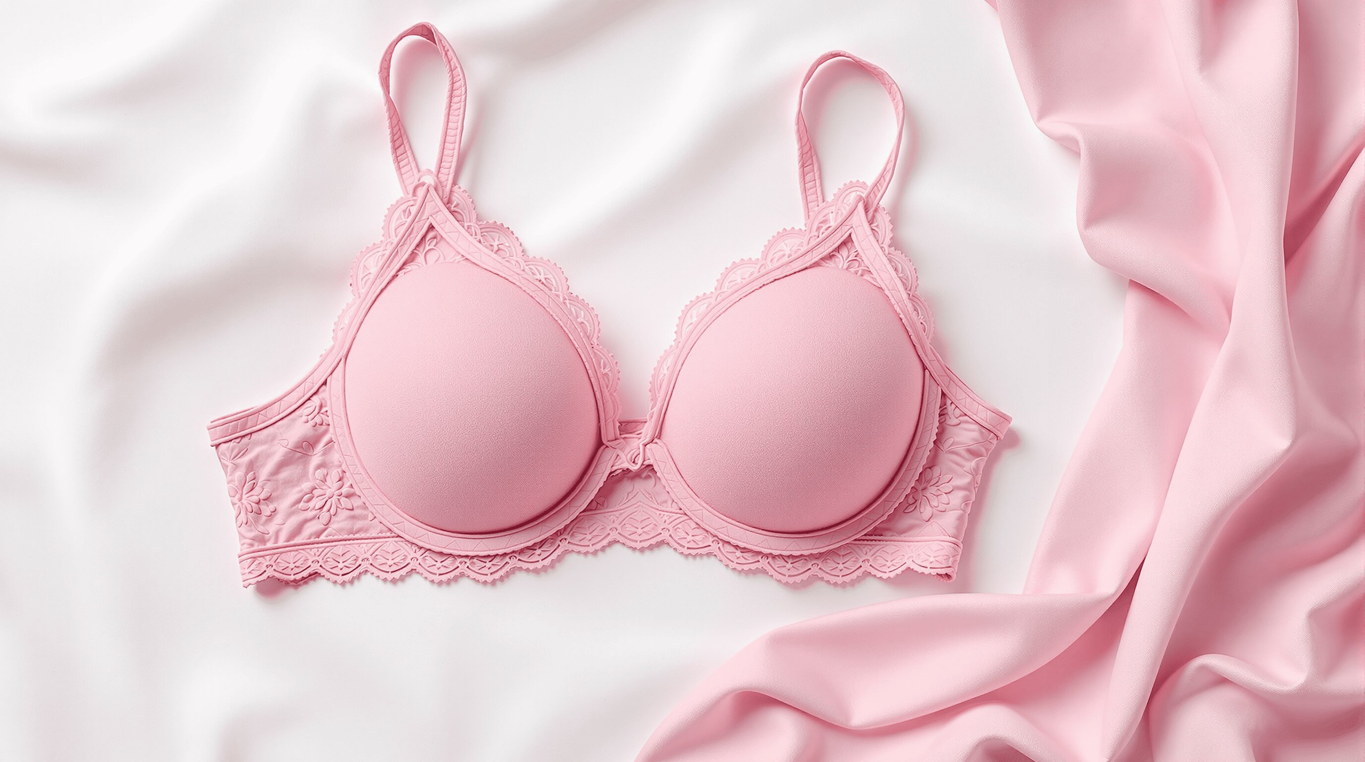 Design Pro's t-shirt design: Pink lace bra flatlay, silk fabric background, sof