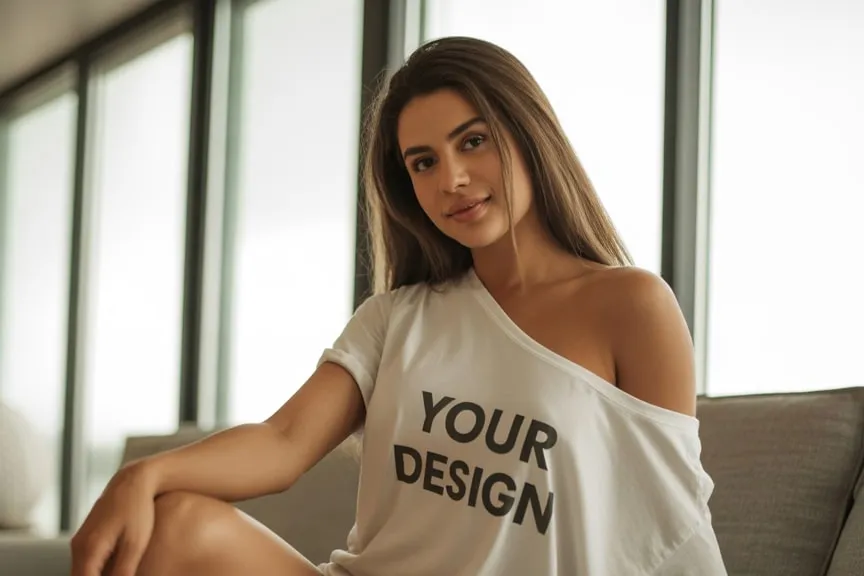 Woman wearing a white custom t-shirt with bold black lettering
